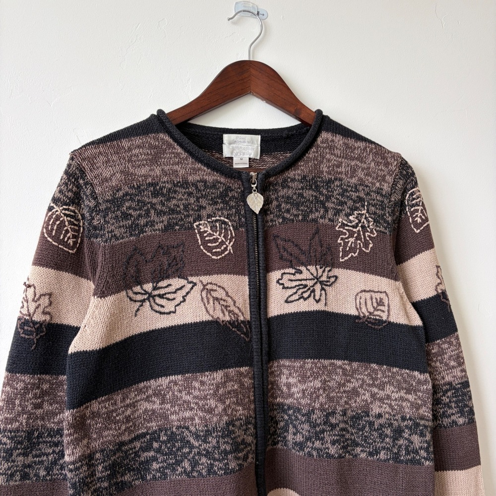 Vintage Christopher & Banks Leaf Embroidered Zip Cardigan Sweater Brown Medium